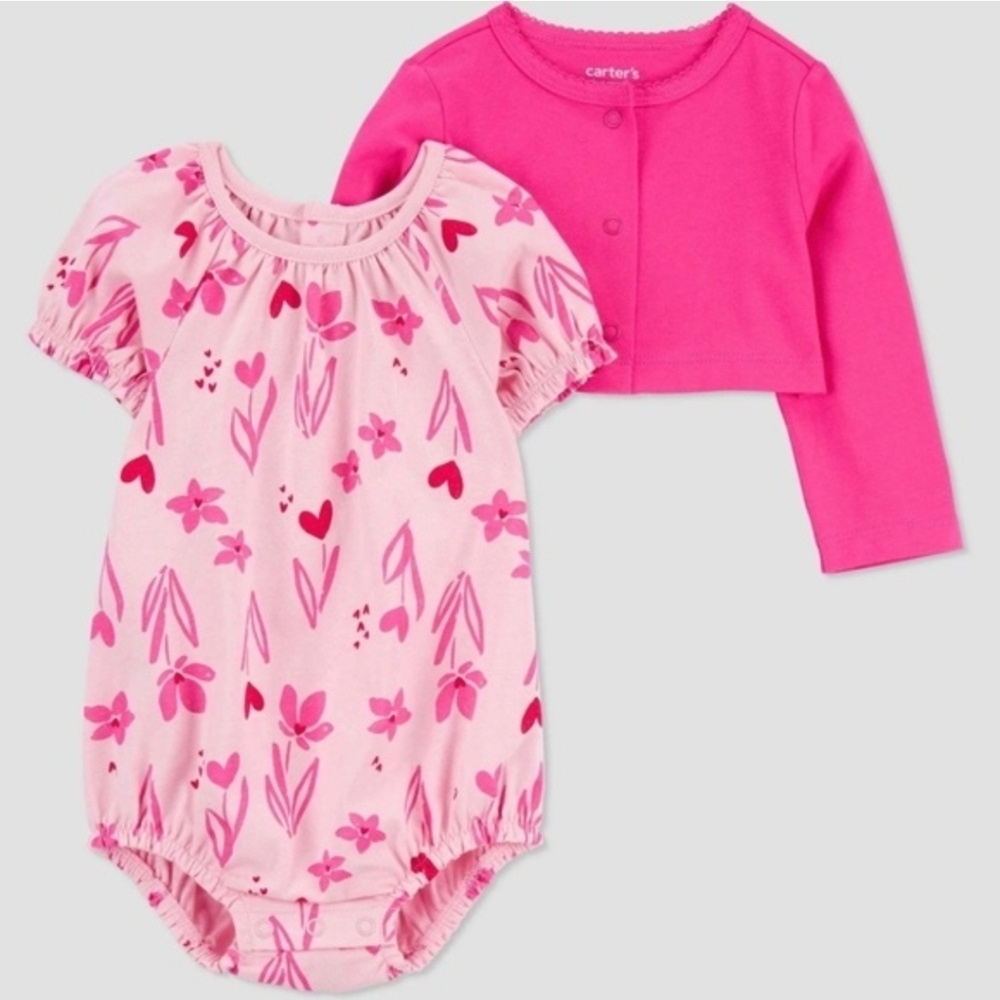 ✨️💕NWT Carters Onesie And Cardigan Pink Floral Hearts Romper